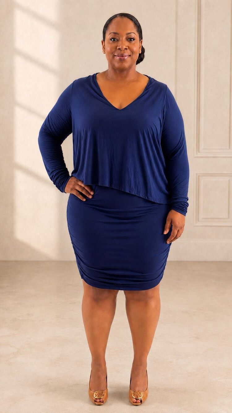 Venus Women’s 1X Navy Blue Overlay Bodycon Midi Dress Long Sleeve NWT D-3